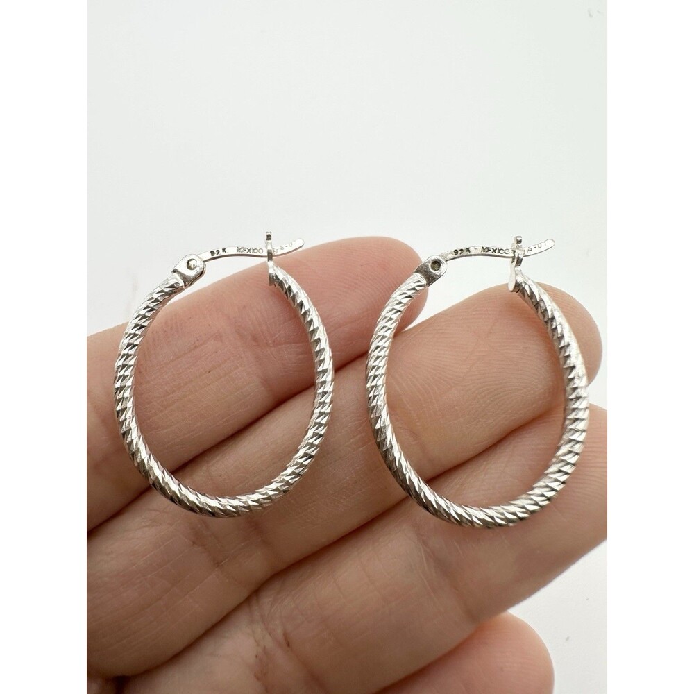 925 Sterling Silver Rope Twist Hoop Earrings Oval Classic Textured Design Mexico